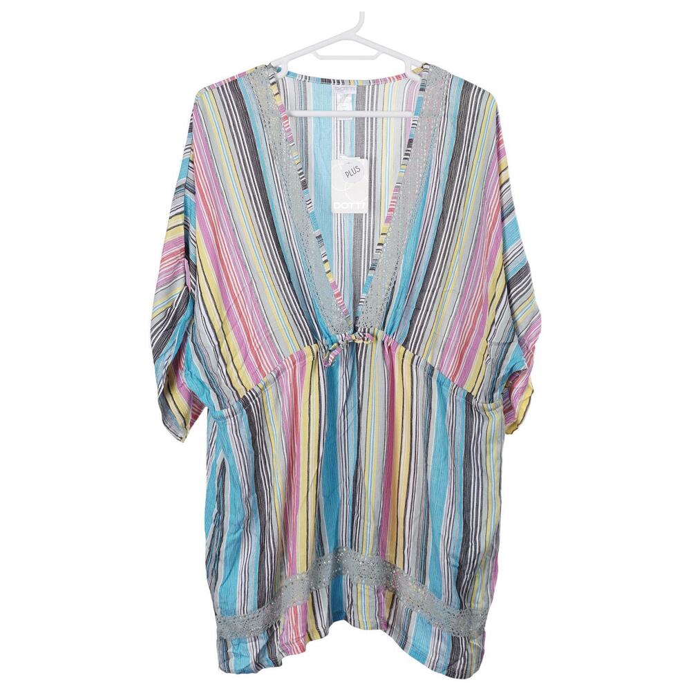 NWT Dotti Swim Cover Up 1X Striped V-Neck Drawstring Pullover Beach Tunic